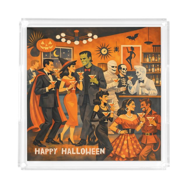 Mid Century Modern Halloween Martini Party Acrylic Tray (Front)