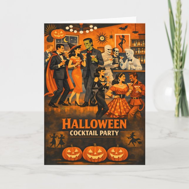 Mid Century Modern Halloween Martini Party Card (Front)