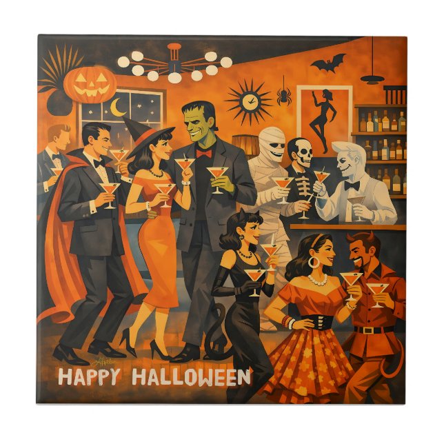 Mid Century Modern Halloween Martini Party Ceramic Tile (Front)