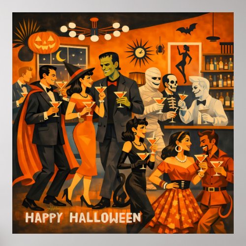 Mid Century Modern Halloween Martini Party Poster