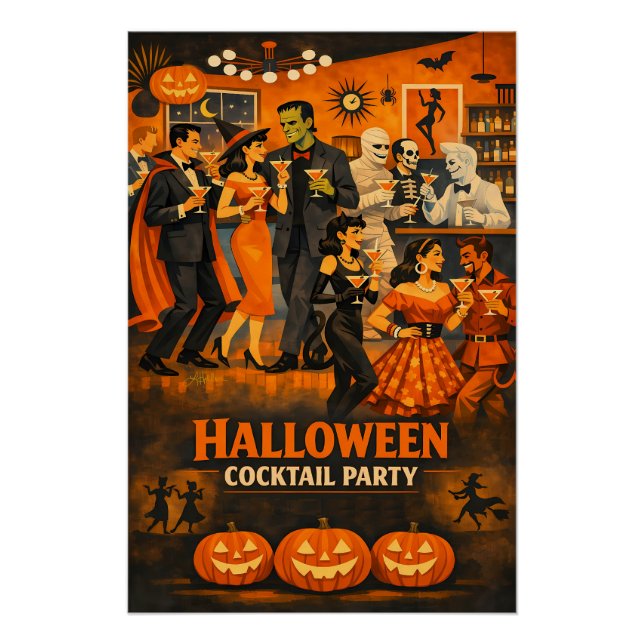 Mid Century Modern Halloween Martini Party Poster (Front)