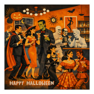 Mid Century Modern Halloween Martini Party Poster