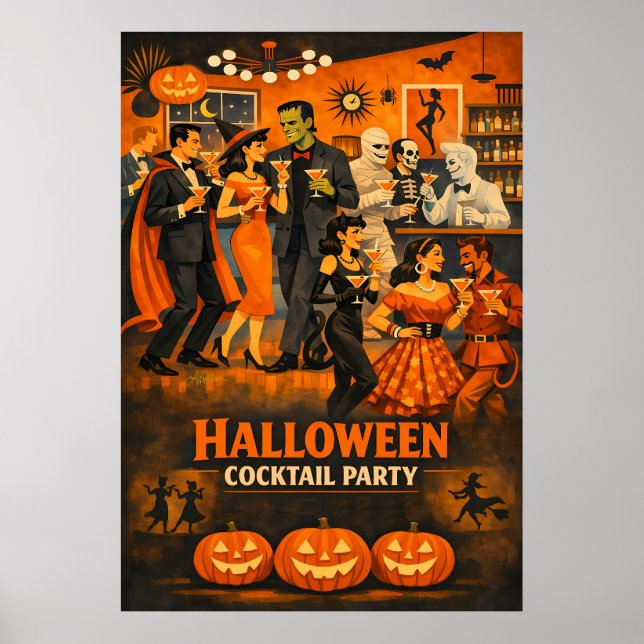 Mid Century Modern Halloween Martini Party Poster (Front)