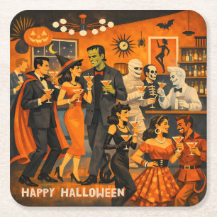 Mid Century Modern Halloween Martini Party Square Paper Coaster