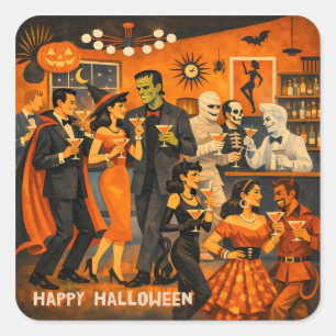 Mid Century Modern Halloween Martini Party Square Sticker