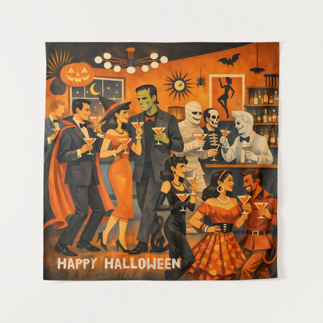 Mid Century Modern Halloween Martini Party Tapestry (Front)