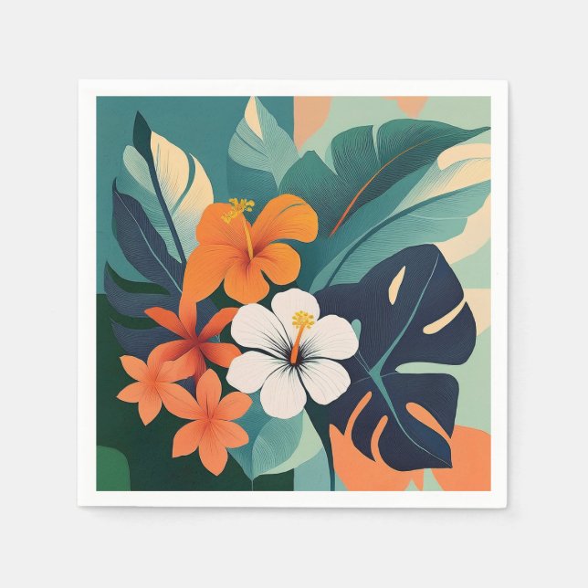 Mid-Century Modern Hawaiian Hibiscus and Plumeria Napkins (Front)