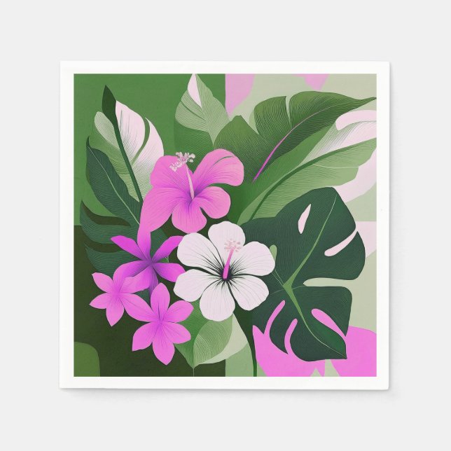Mid-Century Modern Hawaiian Hibiscus and Plumeria Napkins (Front)