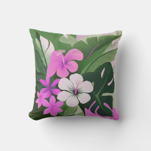 Mid-Century Modern Hawaiian Hibiscus and Plumeria  Outdoor Pillow