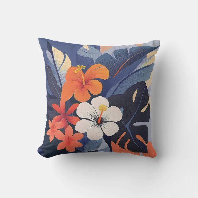 Mid-Century Modern Hawaiian Hibiscus and Plumeria  Outdoor Pillow (Front)