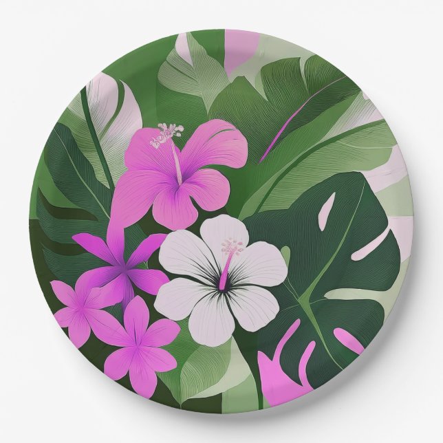 Mid-Century Modern Hawaiian Hibiscus and Plumeria Paper Plates (Front)