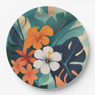 Mid-Century Modern Hawaiian Hibiscus and Plumeria Paper Plates
