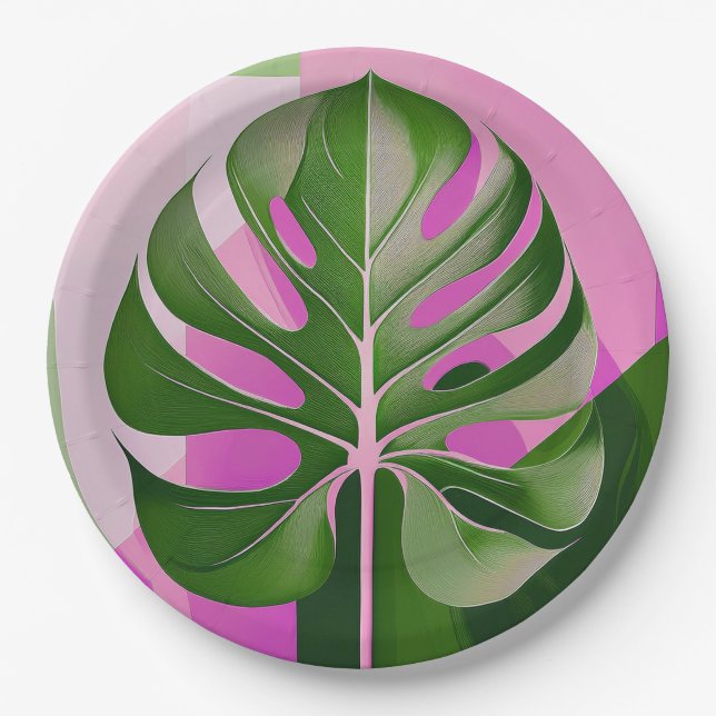 Mid-Century Modern Hawaiian Monstera Leaf Paper Plates (Front)