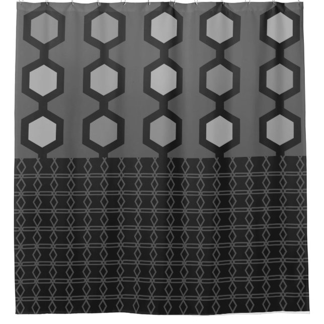Mid Century Modern Hexagons Black Gray Shower Curtain (Front)