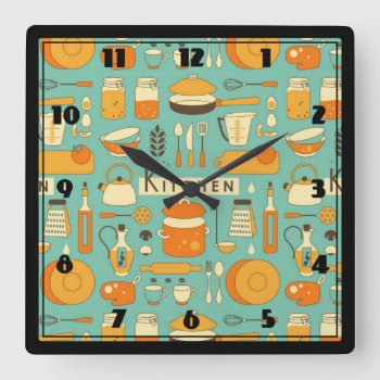 Mid-century Modern Hipster Kitchen Utensils Square Wall Clock by Angharad13 at Zazzle
