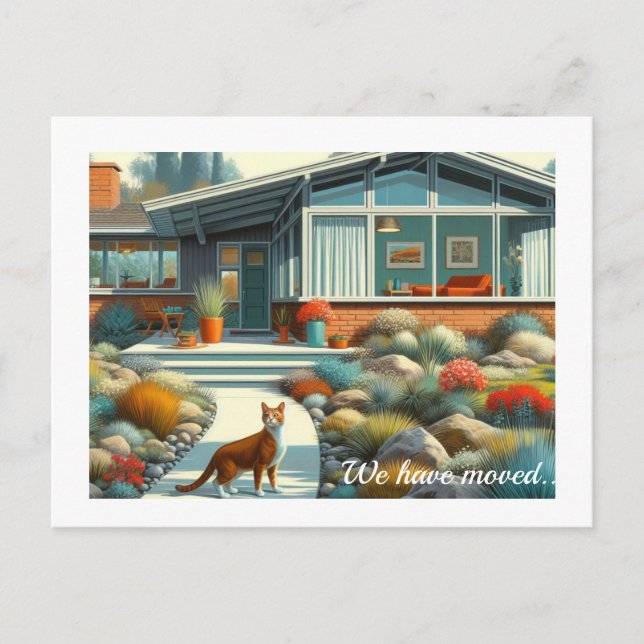 Mid Century Modern Home with Cat  Announcement Postcard (Front)