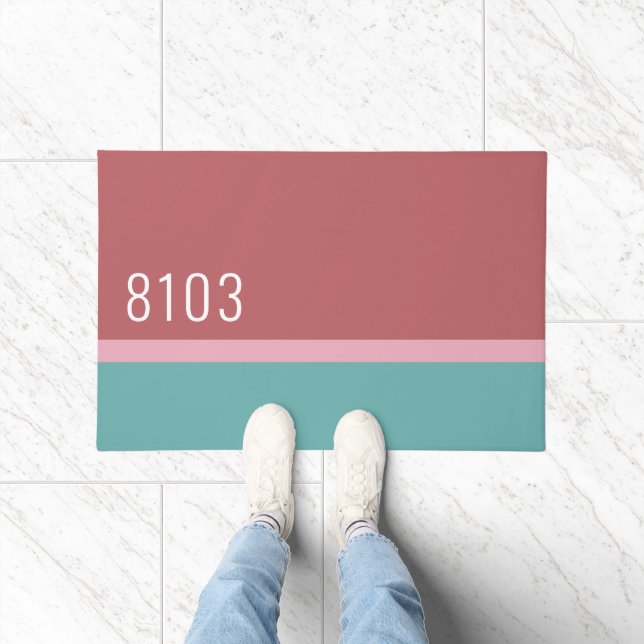 Mid Century Modern House Address Turquoise Pink Doormat (Indoor)