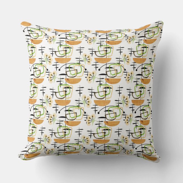 Mid-Century Modern Houseplants | Green, Gold Retro Throw Pillow (Front)
