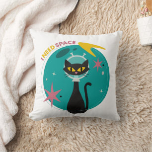 Mid-Century Modern “I Need Space” Cat Throw Pillow