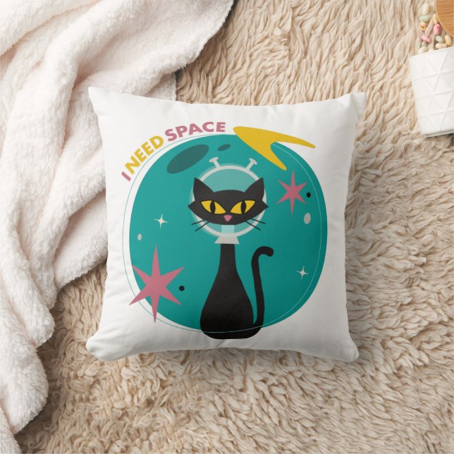 Mid-Century Modern “I Need Space” Cat Throw Pillow (Blanket)