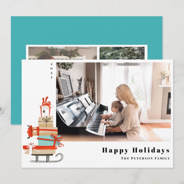 Mid-Century Modern Illustrated Christmas Sled Holiday Card (Front/Back)