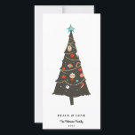 Mid-century Modern Illustrated Christmas Tree Holiday Card<br><div class="desc">Mid-century modern illustrated Christmas tree,  holiday card. Card features,  tree decorated with colorful vintage style ornaments and lights with coordinating retro brown color backing. Template text lines for your greeting and name.</div>