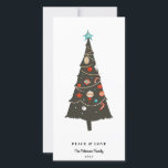 Mid-century Modern Illustrated Christmas Tree Holiday Card<br><div class="desc">Mid-century modern illustrated Christmas tree,  holiday card. Card features,  tree decorated with colorful vintage style ornaments and lights with coordinating retro brown color backing. Template text lines for your greeting and name.</div>