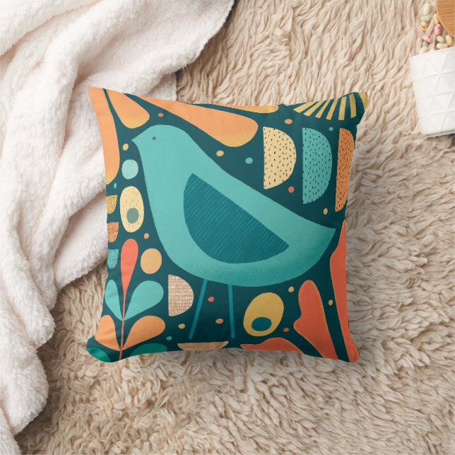 Mid Century Modern Inspired Bird and Leaves Throw Pillow (Blanket)