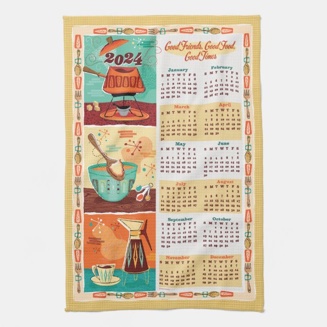 Mid-Century Modern Kitchen Calendar Towel (Vertical)