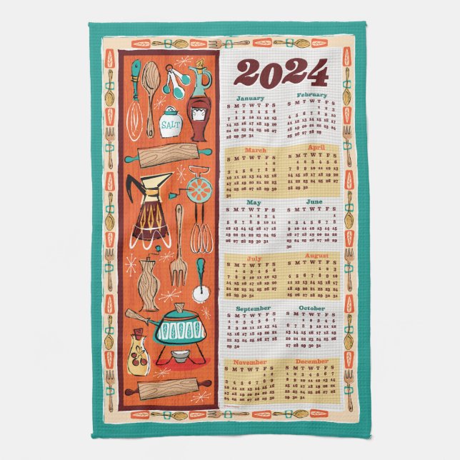 Mid-Century Modern Kitchen Utensils Calendar Towel (Vertical)