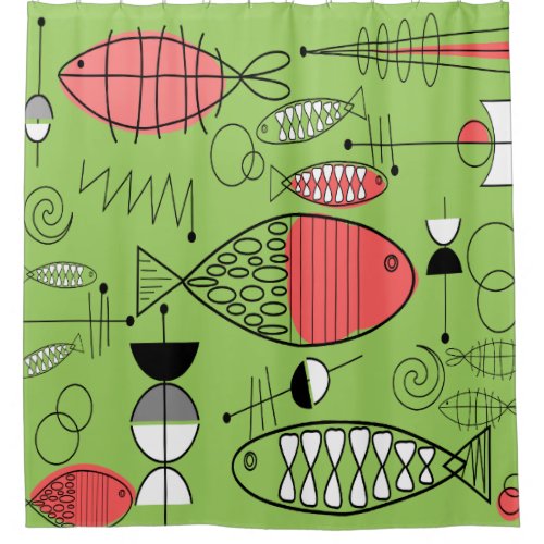 Mid_Century Modern Kitschy Fish Art Lime Green Shower Curtain