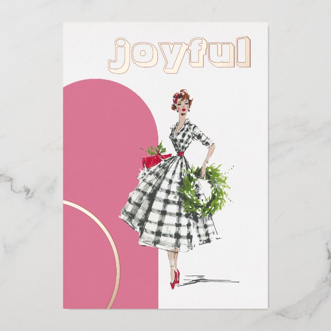 Mid Century Modern Lady Foil Holiday Card (Front)