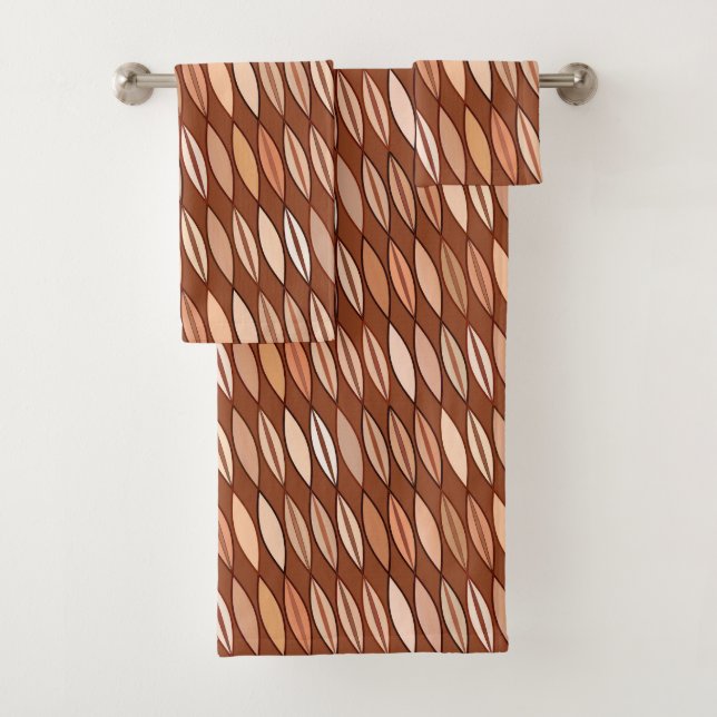 Mid Century Modern Leaves, Cocoa Brown and Beige Bath Towel Set (Insitu)