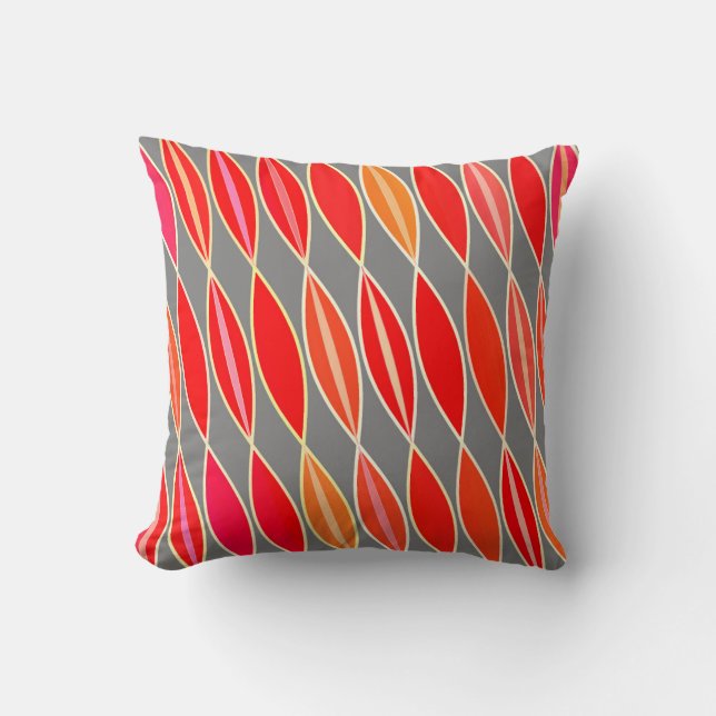Mid Century Modern Leaves, Coral Orange and Gray Throw Pillow (Front)