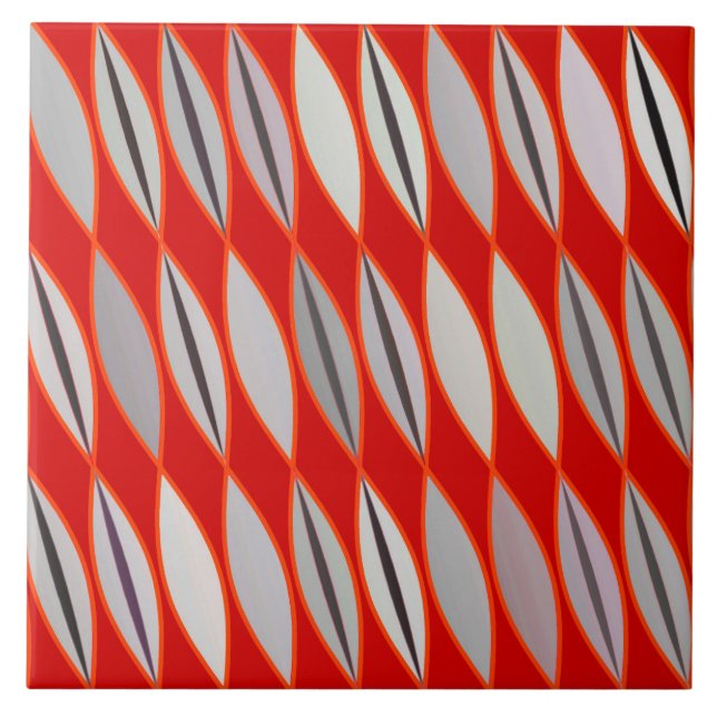 Mid Century Modern Leaves, Dark Red & Gray / Grey Ceramic Tile (Front)