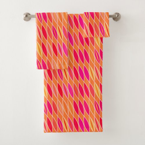 Mid Century Modern Leaves Fuchsia Pink and Orange Bath Towel Set