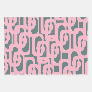 Mid Century Modern Loop Pattern Pink and Green Wrapping Paper Sheets