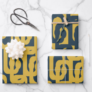 Mid Century Modern Loops Chic Navy and Mustard Wrapping Paper Sheets