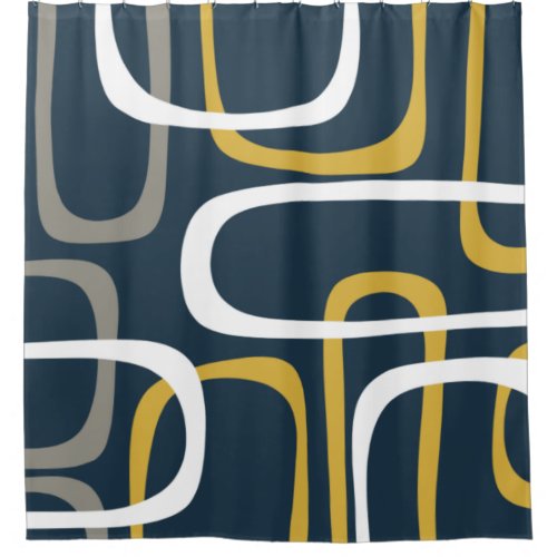 Mid_Century Modern Loops Pattern Navy Blue Mustard Shower Curtain