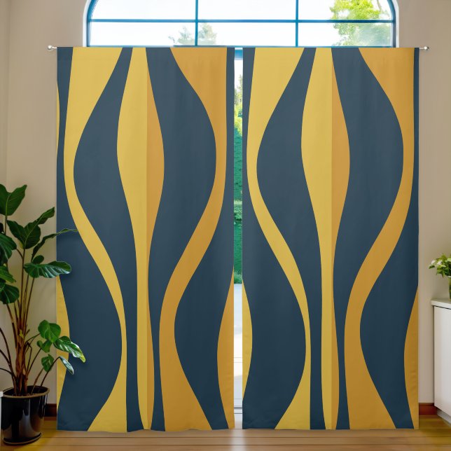 Mid Century Modern Lounge Navy Mustard Pattern Blackout Curtains (Living Room)