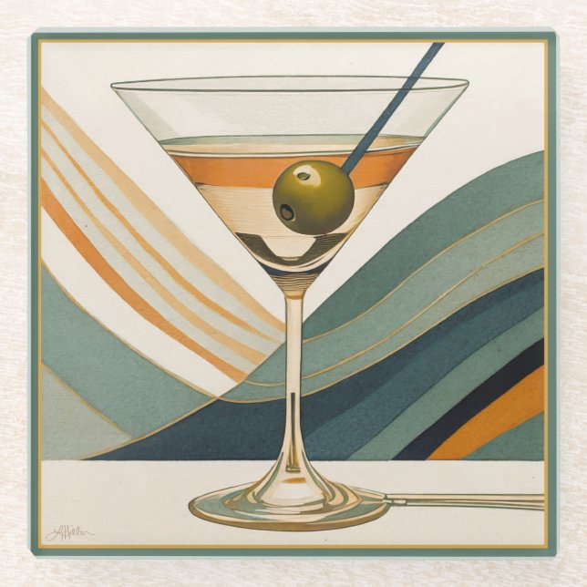 Mid Century Modern Martini Cocktail Hour Glass Coaster (Front)