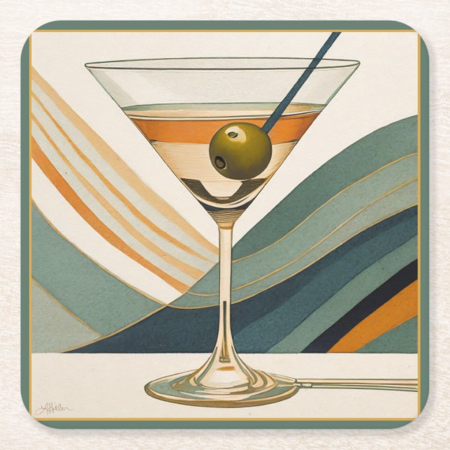 Mid Century Modern Martini Cocktail Hour Square Paper Coaster (Front)