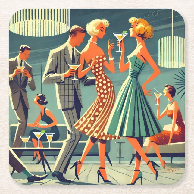 Mid Century Modern Martini Dance Cocktail Party Square Paper Coaster (Front)