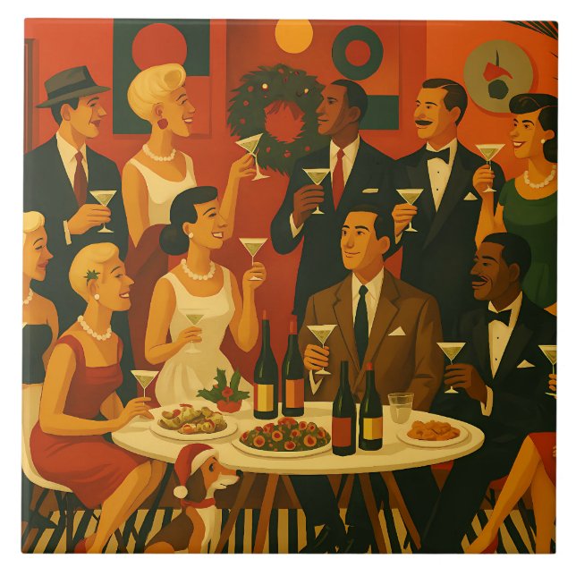 Mid Century Modern Martini Intellectuals Christmas Ceramic Tile (Front)