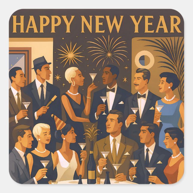 Mid Century Modern Martini Intellectuals New Year Square Sticker (Front)
