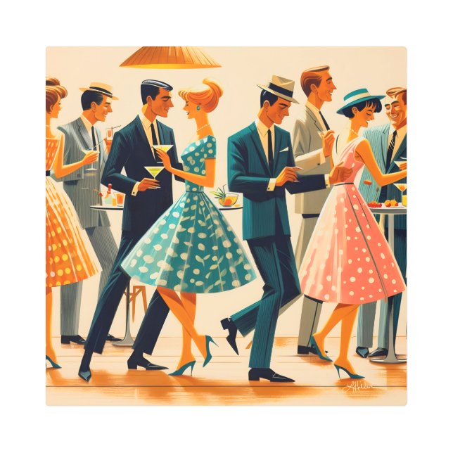 Mid Century Modern Martinis Dancing Cocktail Party Metal Print (Front)