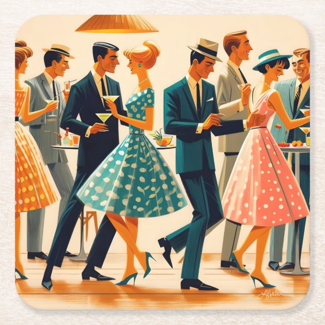 Mid Century Modern Martinis Dancing Cocktail Party Square Paper Coaster (Front)