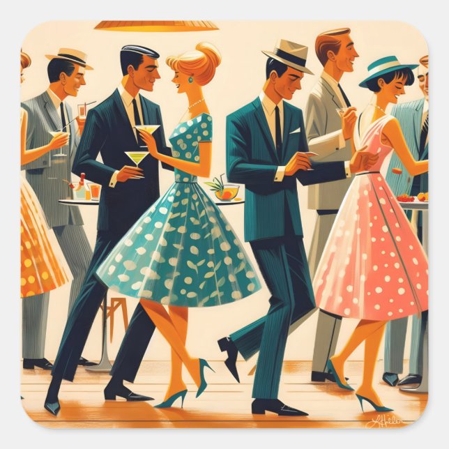 Mid Century Modern Martinis Dancing Cocktail Party Square Sticker (Front)