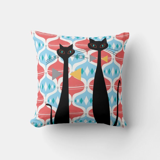 Mid Century Modern MCM Cats Christmas Throw Pillow (Front)