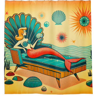 “Mid-Century Modern Mermaid - Vibrant Retro Art” Shower Curtain